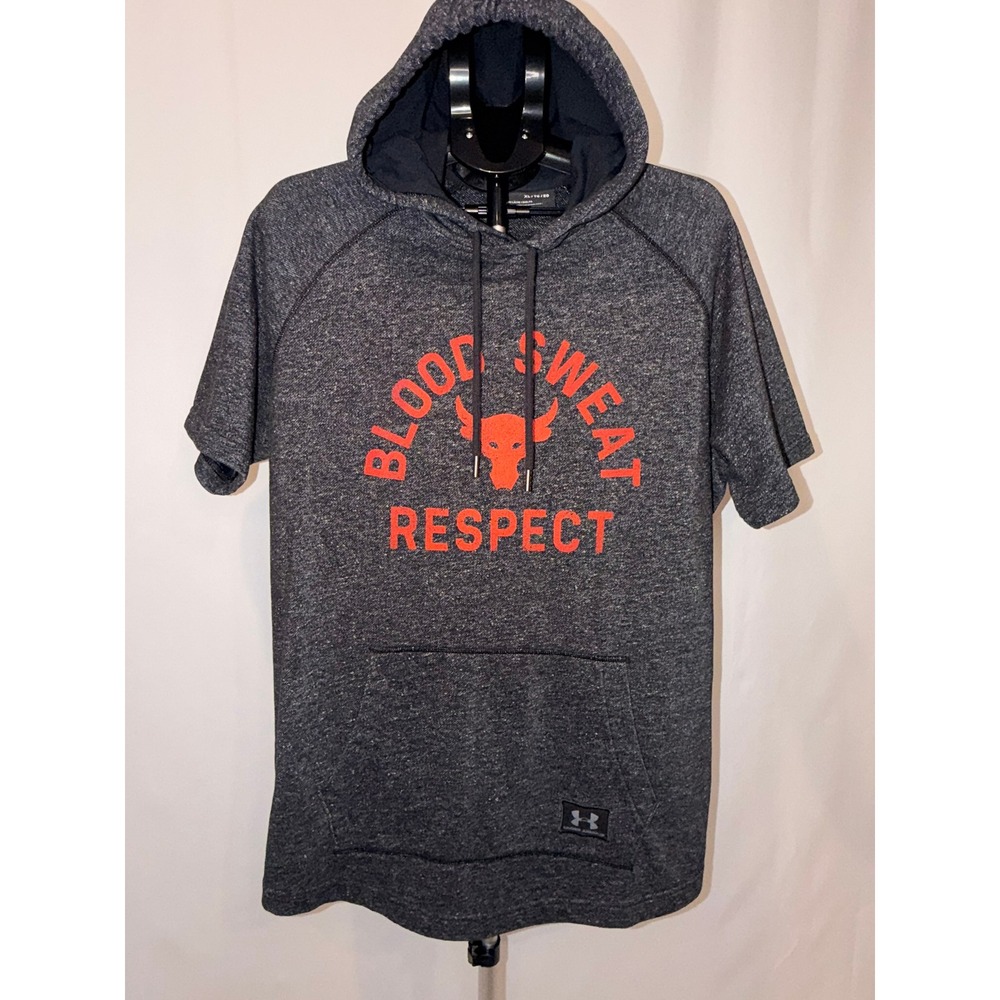 Under Armour Project Rock Short Sleeve Hoodie Grey Red Brahma Bull Men's XL
